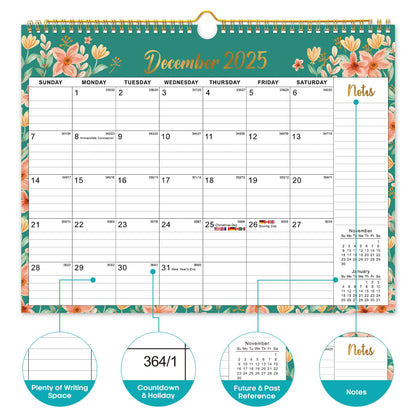 2026 Calendar, Monthly Wall Calendar from October 2025 to June 2027, 11.5" x 14.7", Spiral Binding Hanging Wall Calendar, Perfect for Home or Office,Floral