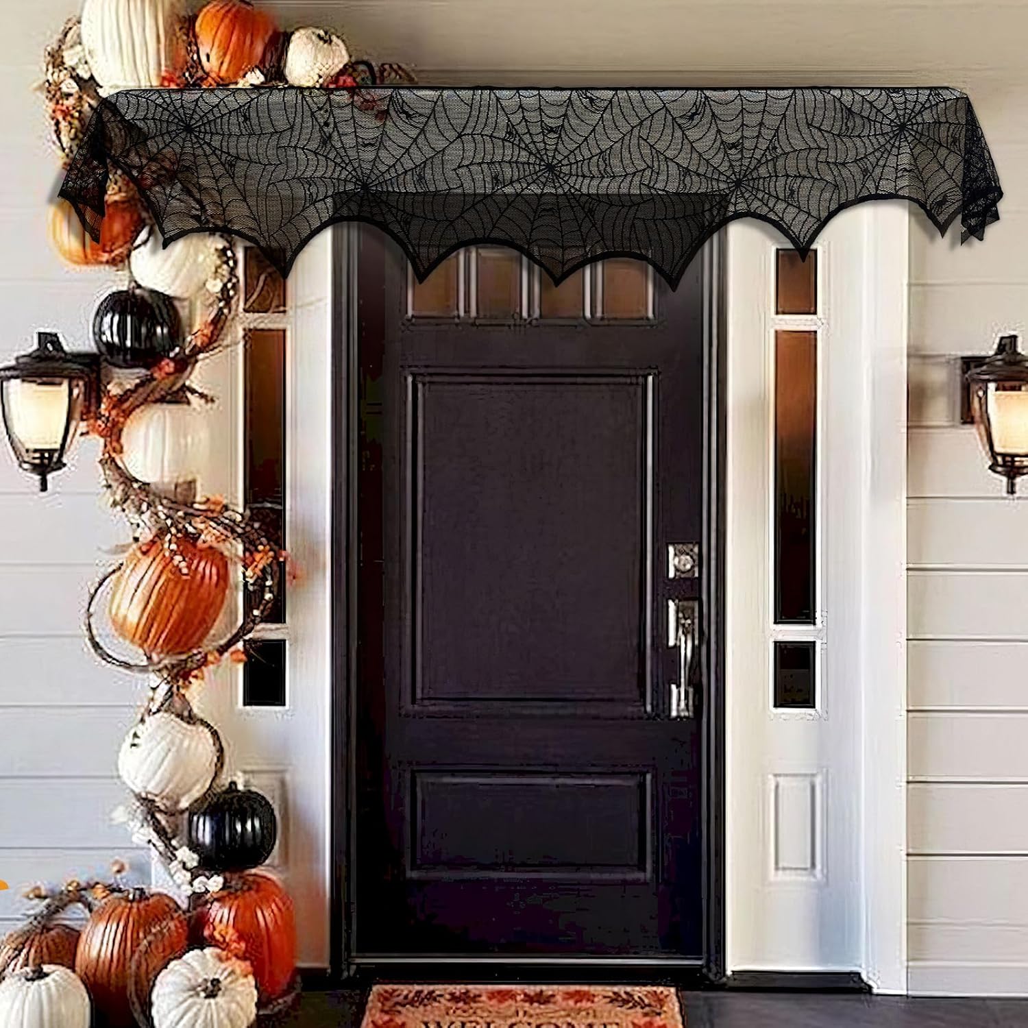 AerWo Halloween Decoration Black Lace Spiderweb Fireplace Mantle Scarf Cover Festive Party Supplies 45 X 243cm 18 x 96 inch
