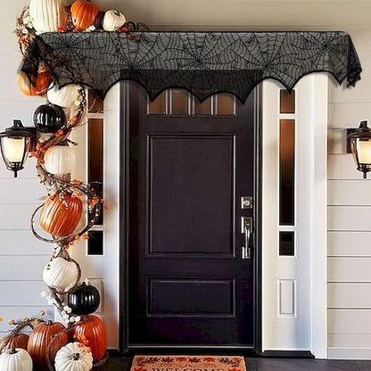 AerWo Halloween Decoration Black Lace Spiderweb Fireplace Mantle Scarf Cover Festive Party Supplies 45 X 243cm 18 x 96 inch