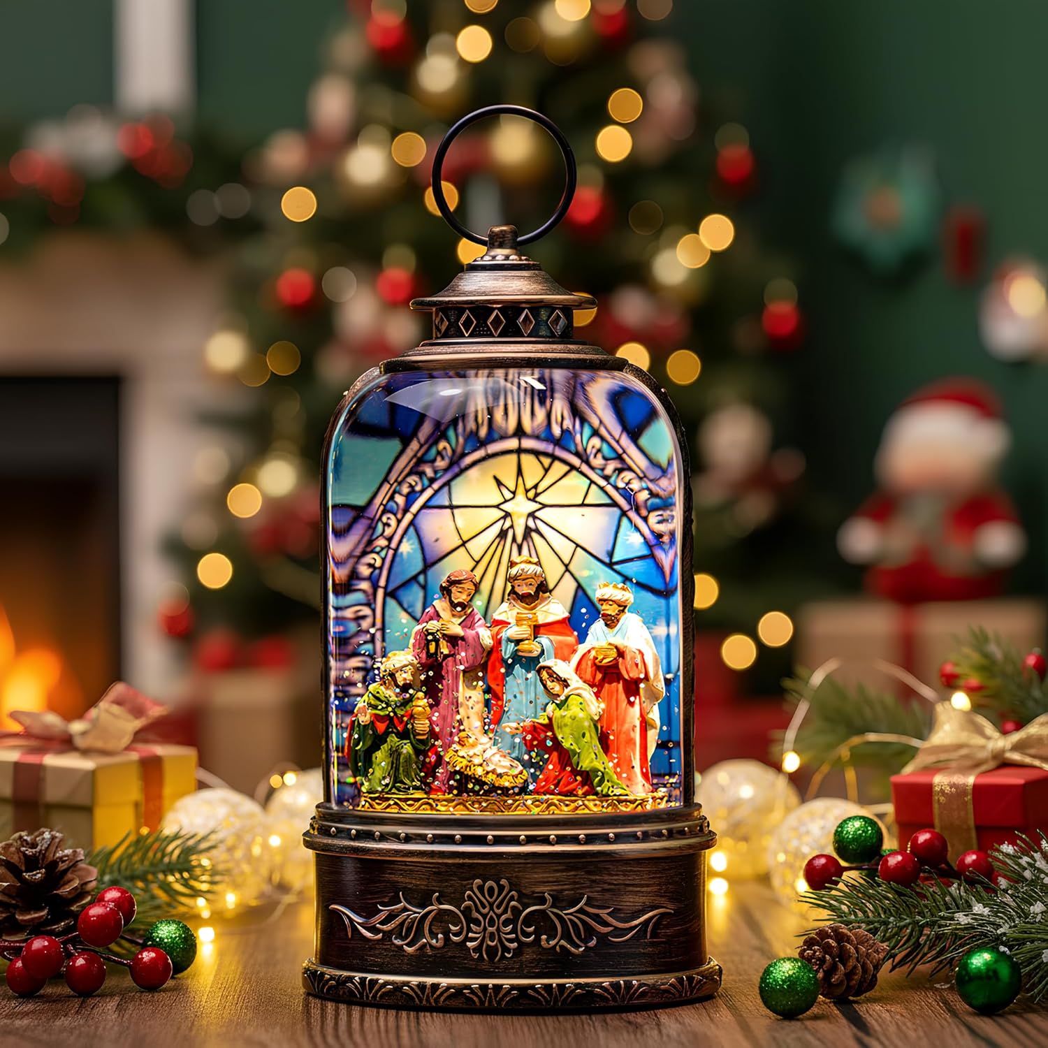 Christmas Snow Globe Swirling Glittering Nativity Scene with Music, USB Lined/Battery Operated Lighted Water Lantern for Christmas Festival Decoration Gifts