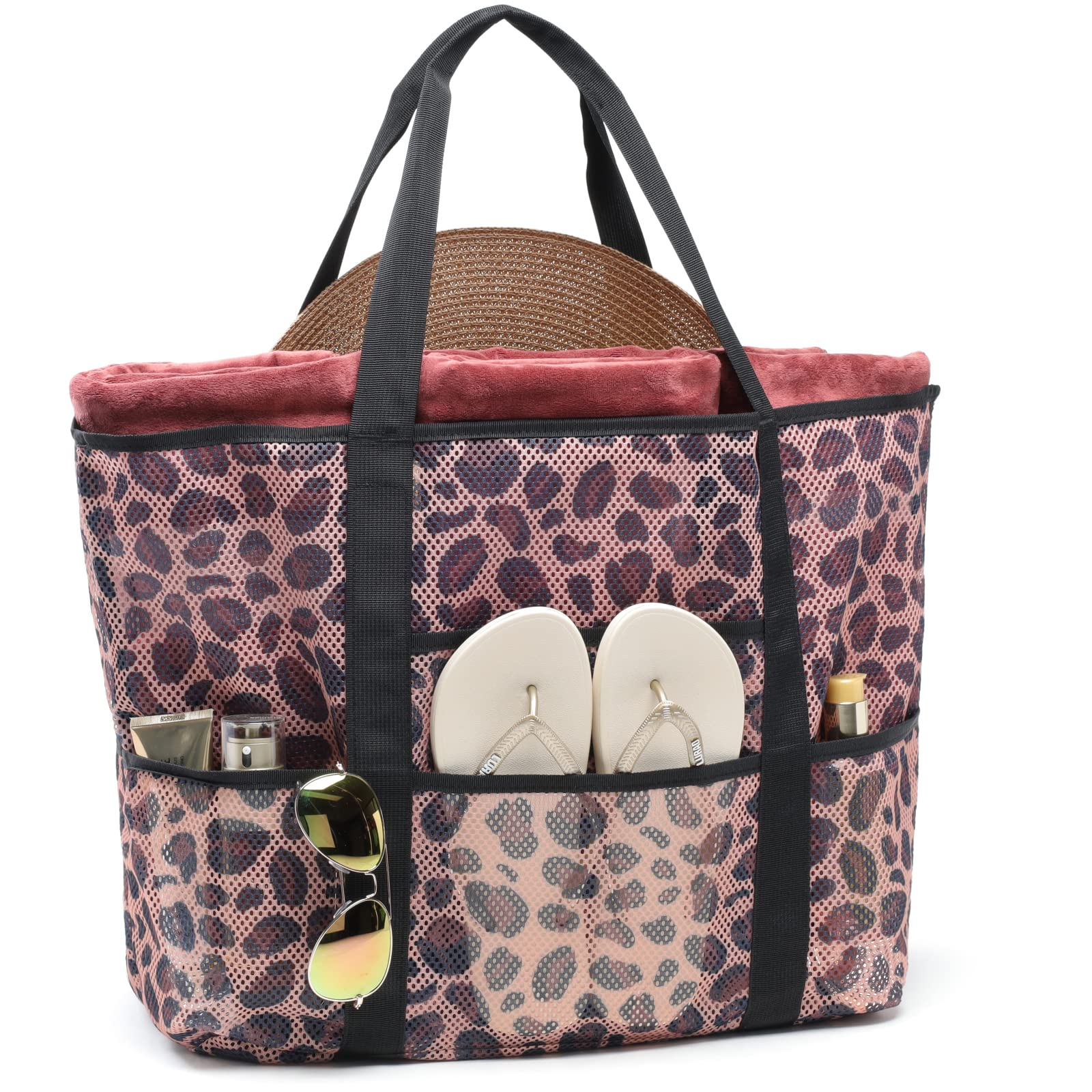 F-color Mesh Beach Bag Family - 9 Pockets Large Beach Tote for Cruise Vacation Essentials