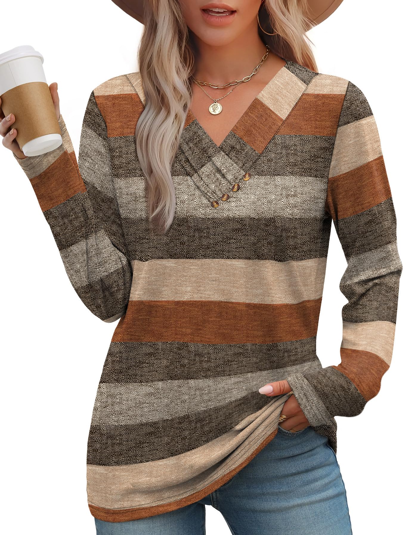 WIHOLL Long Sleeve Shirts for Women Fall Outfits V Neck T Shirts Button Down Tunic Tops Fashion Clothing