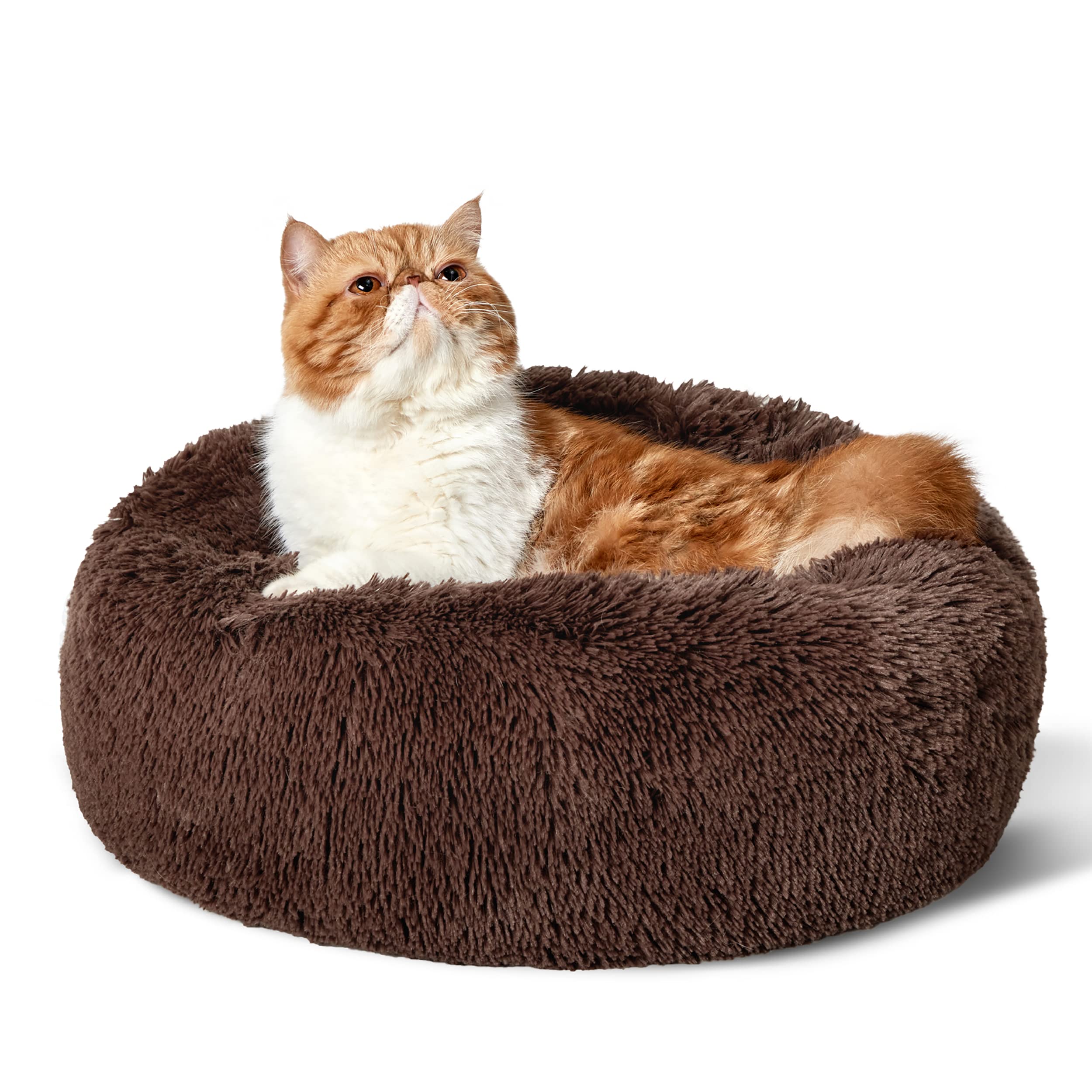 Bedsure Calming Dog Bed for Small Dogs - Donut Washable Small Pet Bed, 23 inches Anti-Slip Round Fluffy Plush Faux Fur Large Cat Bed, Fits up to 25 lbs Pets, Camel