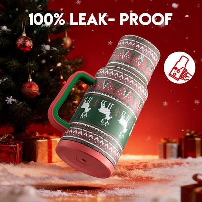 Meoky 40 oz Christmas Tumbler with Handle and Straw, Xmas Tumbler with Lid and Straw, Insulated Stainless Steel Travel Mug, Christmas Gifts for Women Men Adults (Jolly Reindeer)