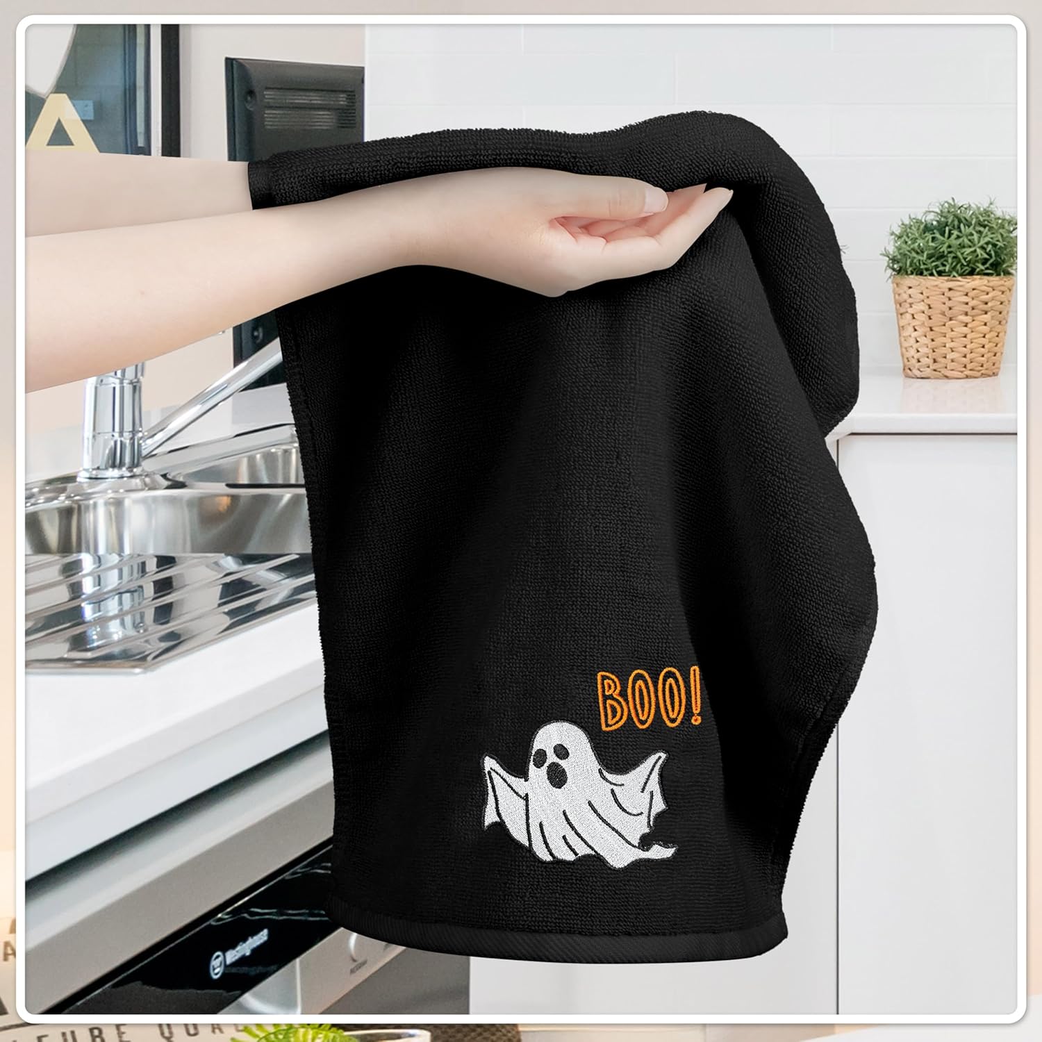 Halloween Hand Towels Set of 2 Embroidered Boo Ghost Dish Towels 13.7 x 29.5 Inch Spooky Home Decor Holiday Decorative Towels for Kitchen Bathroom