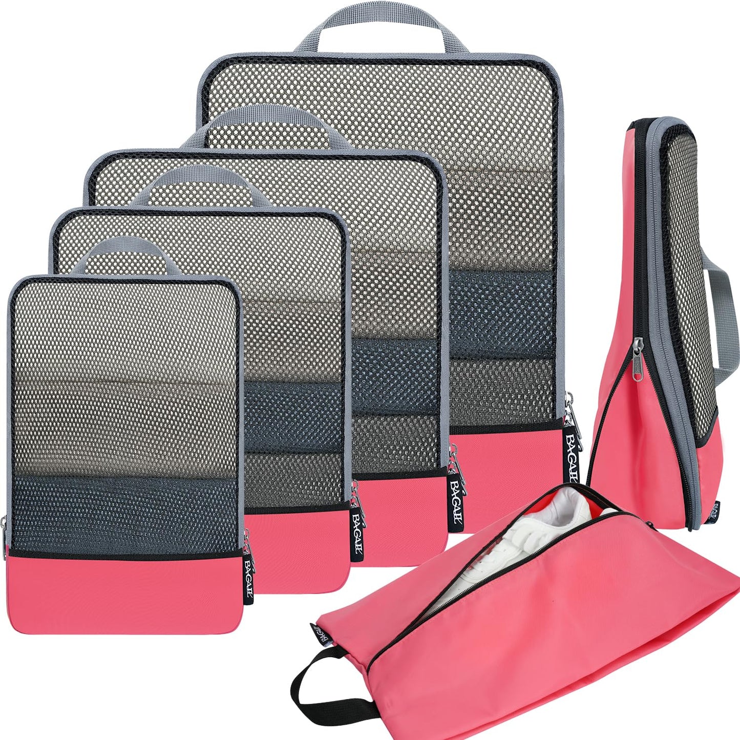 BAGAIL 4 Set/6 Set/8 Set Compression Packing Cubes Travel Accessories Expandable Packing Organizers (Half Mesh, 6-Black)