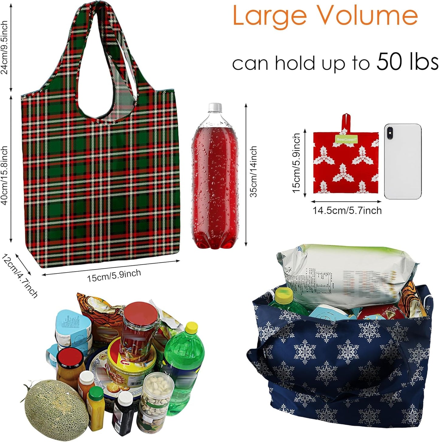 BeeGreen Christmas Reusable Gift Bags,6 Pack Large Holiday Tote Foldable Cloth Bag for Women, Cute Grocery Storage for Xmas Gifts Market Shopping, Washable Collapsible Reusable Bags with Handles​