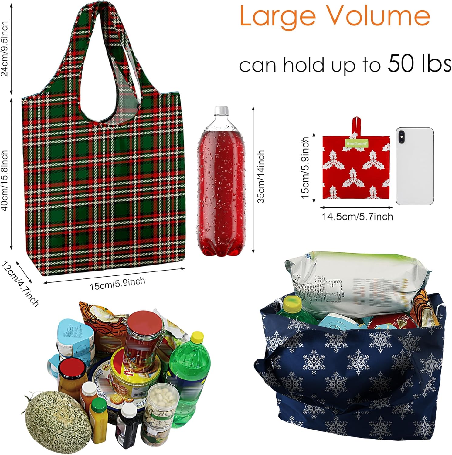 BeeGreen Christmas Reusable Gift Bags,6 Pack Large Holiday Tote Foldable Cloth Bag for Women, Cute Grocery Storage for Xmas Gifts Market Shopping, Washable Collapsible Reusable Bags with Handles​