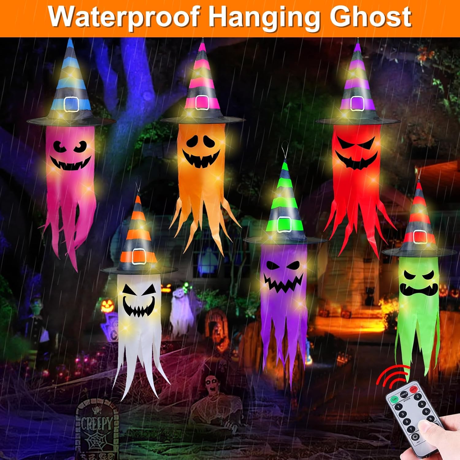 Halloween Decorations 6 Pcs Lighted Hanging Witch Hat Ghosts, 8 Modes Remote Control, 13 FT Long Halloween String Lights Holiday Decor for Indoor Outdoor Yard, Lawn, Scary Theme Party