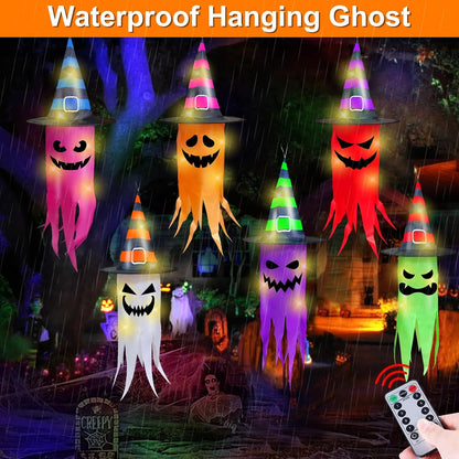 Halloween Decorations 6 Pcs Lighted Hanging Witch Hat Ghosts, 8 Modes Remote Control, 13 FT Long Halloween String Lights Holiday Decor for Indoor Outdoor Yard, Lawn, Scary Theme Party