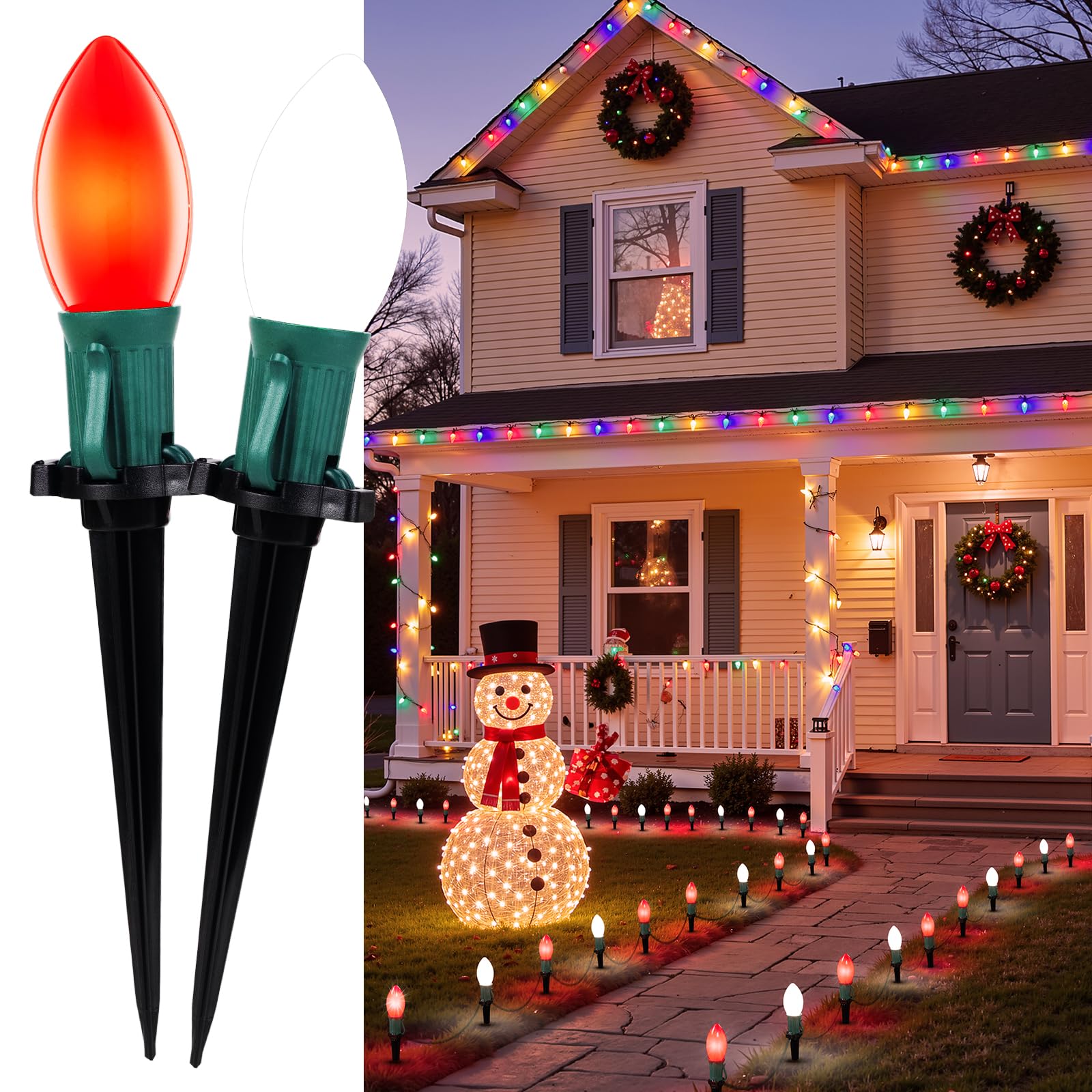 Christmas Pathway Lights Outdoor, 25.7 Feet C9 Lights with 20 Multicolor Bulbs and Stakes, Connectable Outdoor Christmas Decorations Outside Yard Walkway Sidewalk Holiday