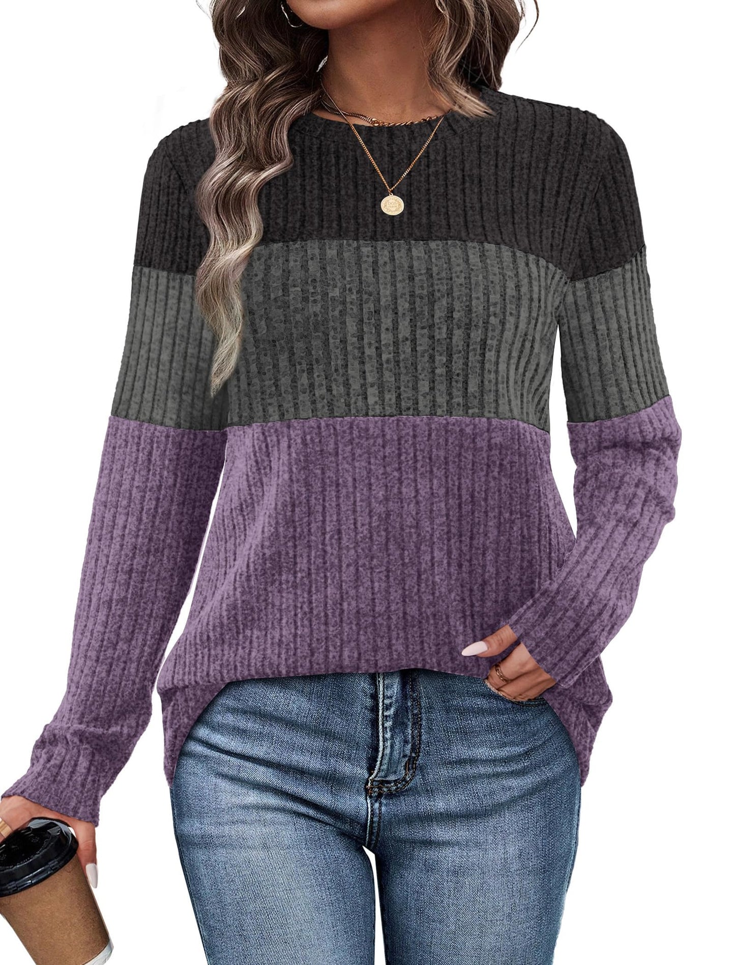 WIHOLL Womens Sweaters Trendy Color Block Tops Long Sleeve Shirts Fall Outfits Early Fall Fashion 2025 Winter Clothing
