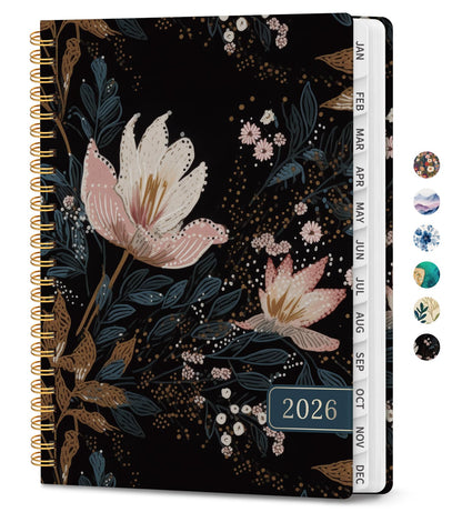 Hardcover 2026 Planner, Weekly and Monthly Calendar, Jan - Dec 2026 Planner Book with Tabs for Women, Inner Pocket, Spiral Bound, Perfect for Office/Home/School Supplies, Petals, A5, 6.3" x 8.5"
