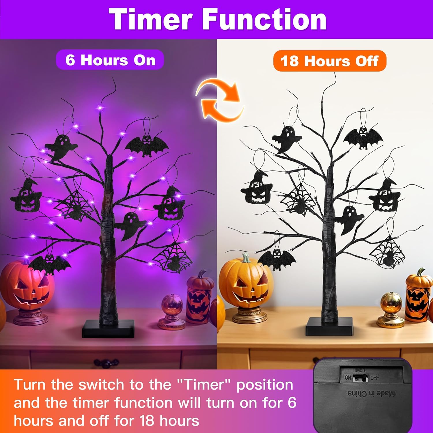 2 Pack 24 Inch Black Halloween Tree with 24 LED Purple Lights, Timer/USB/Battery Operated Halloween Table Decorations Lighted Tree, Cute Halloween Decorations Indoor Home Decor Party Room