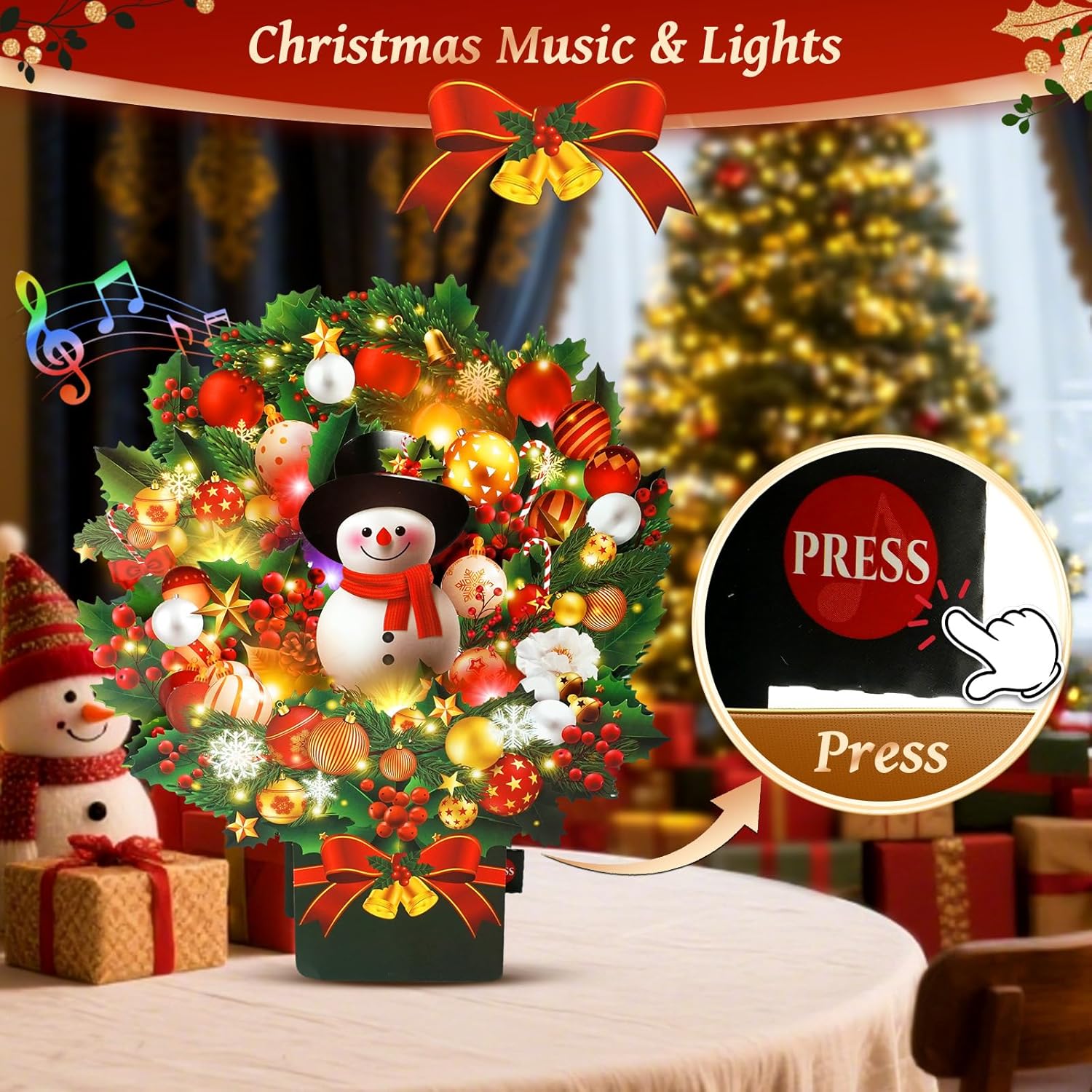 Christmas Cards with Lights and Music, Christmas Bouquet with Snowman, Popup Musical Greeting Card for Holiday New Year