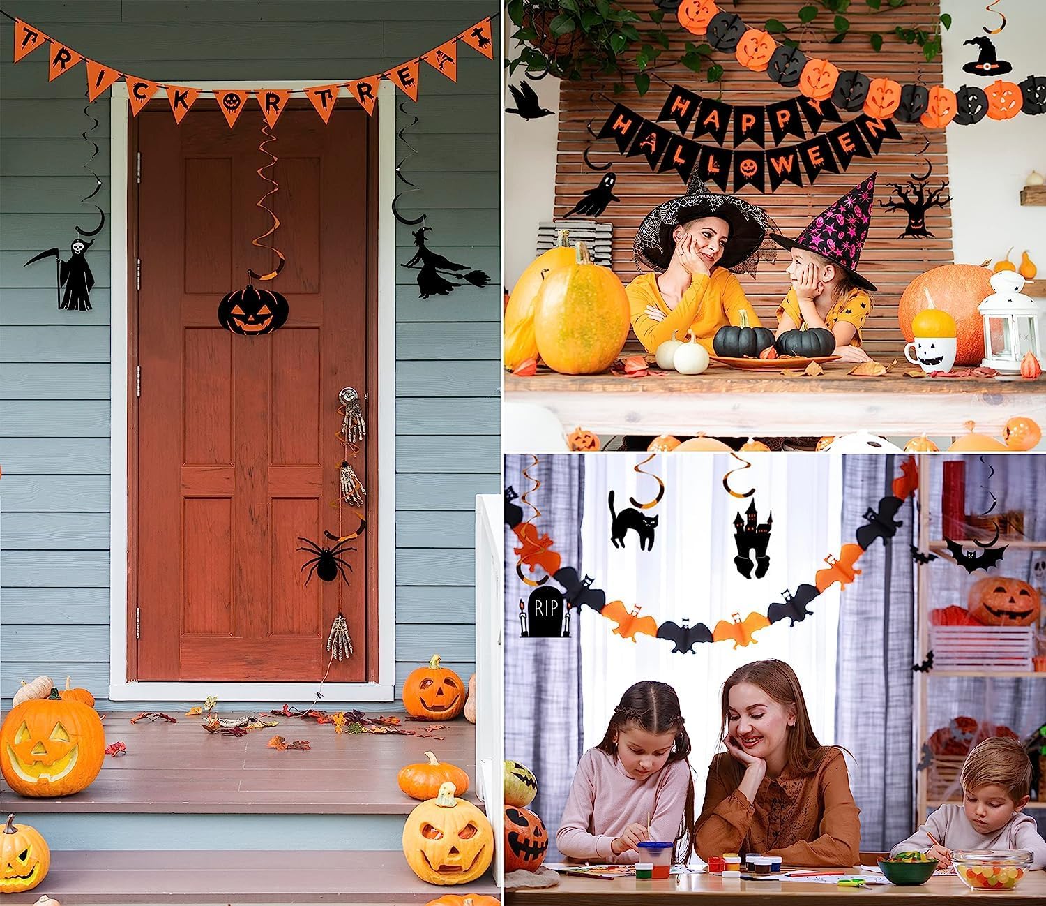 Halloween Decorations Indoor Party Decor, HAPPY HALLOWEEN Accessories with TRICK OR TREAT Banner, 3 PCS Large Garland Bat Ghost Pumpkin, Hanging Party Supplies Backdrop for Home Office Classroom