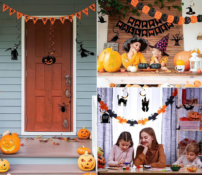 Halloween Decorations Indoor Party Decor, HAPPY HALLOWEEN Accessories with TRICK OR TREAT Banner, 3 PCS Large Garland Bat Ghost Pumpkin, Hanging Party Supplies Backdrop for Home Office Classroom