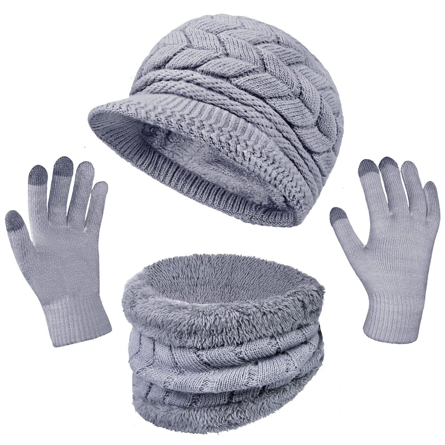 3-Pieces Winter Hat Gloves Scarf Set, Knit Warm Beanie Hat Neck Warmer Touch Screen Mittens for Women