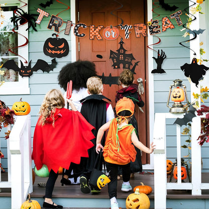 AhfuLife Halloween Party Decorations Set, Reusable Halloween Indoor Decorations Kit Including HAPPY HALLOWEEN Paper Banner for Home Decor, Trick or Treat Sign, Pumpkin Bat Hanging Swirl