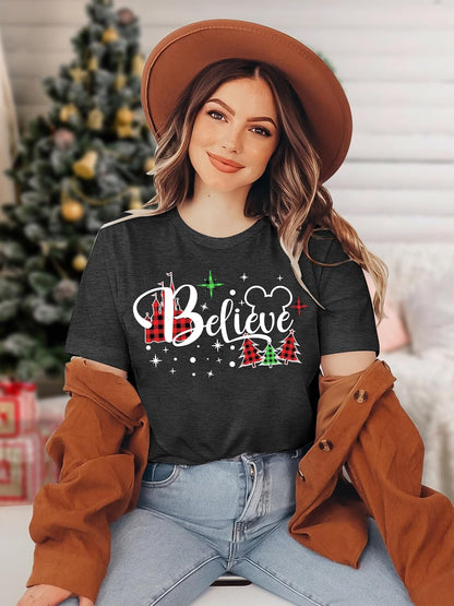 Believe Christmas Shirt for Women Christmas Tree Graphic T-Shirts Believe Letter Print Tees Holiday Tops