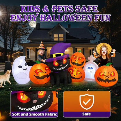 MICOCAH Halloween Inflatables Outdoor Decorations 8 FT Long Funny Pumpkin Black Cat Blow Up Lanterns Built-in LED Lights with Ghost Tombstone Scary Yard Decoration for Holiday Party Outside Lawn