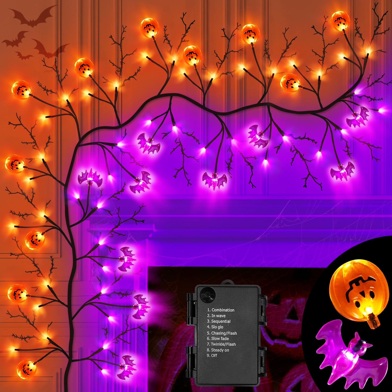 7 Ft Halloween Decorations Willow Vine Twig Garland with 8 Modes Timer 63 LED Orange Purple Lights, Halloween Garland with Waterproof Battery Operated for Wall Fireplace Decorations Indoor Outdoor