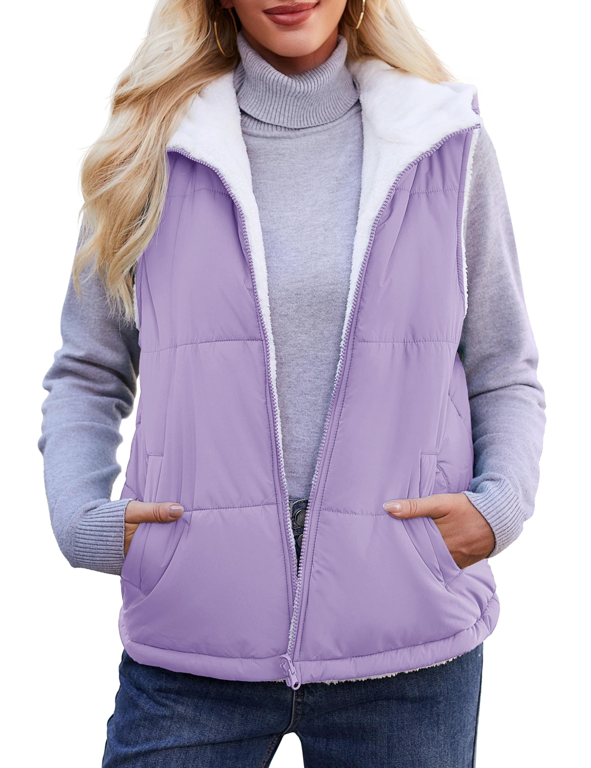 YUCOLEN Womens Puffer Vest Reversible Hooded Fleece Coat Quilted Zip Up Sleeveless Jacket Winter Outerwear with Pockets