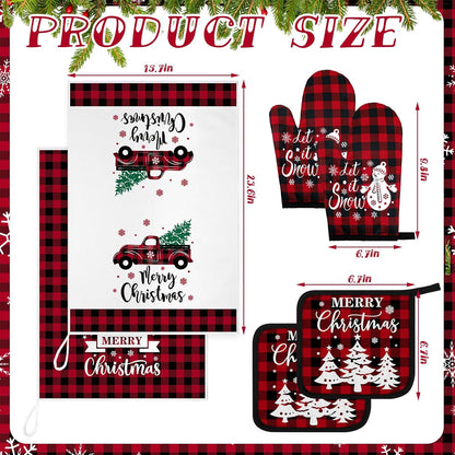 Bencailor 6 Pcs Christmas Kitchen Towel Oven Mitts and Pot Holders Set Xmas Theme Dish Towels Heat Resistant Oven Gloves for Summer Kitchen Cooking Baking Grilling(Christmas Red Plaid Theme)