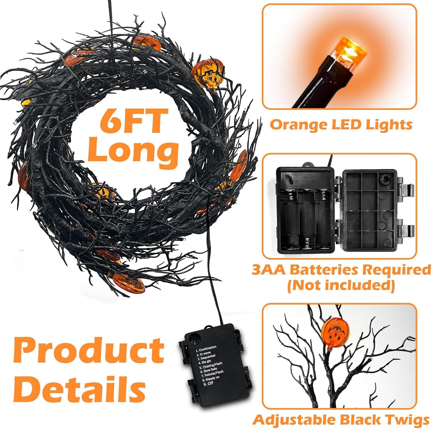 [ 8 Modes & Timer ] 6 Ft 45 LED Halloween Willow Vine Twig Garland Decorations with 15 Pumpkins Orange Lights, Battery Operated Waterproof Halloween Decorations for Home Wall Mantle Fireplace Decor
