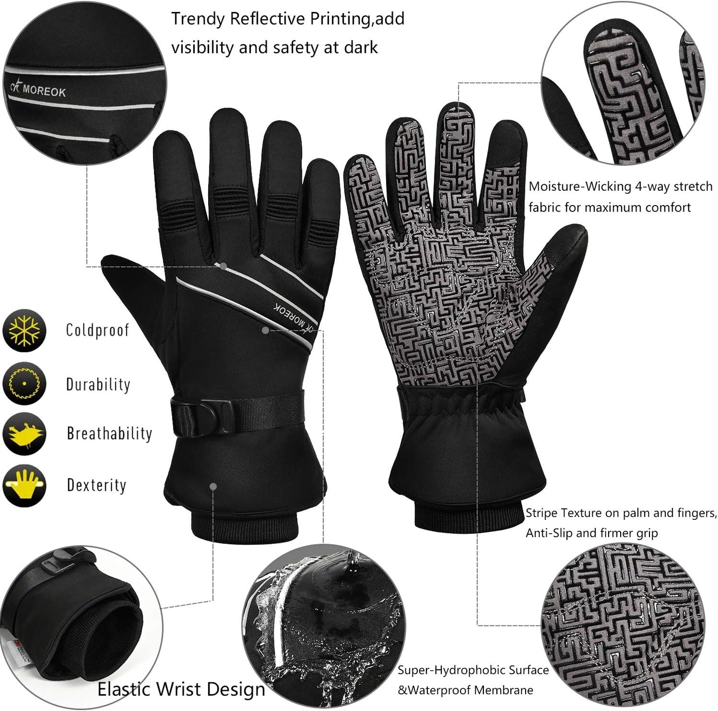 MOREOK Waterproof & Windproof -30°F Winter Gloves for Men/Women, 3M Thinsulate Thermal Gloves Touch Screen Warm Gloves for Skiing,Cycling,Motorcycle,Running