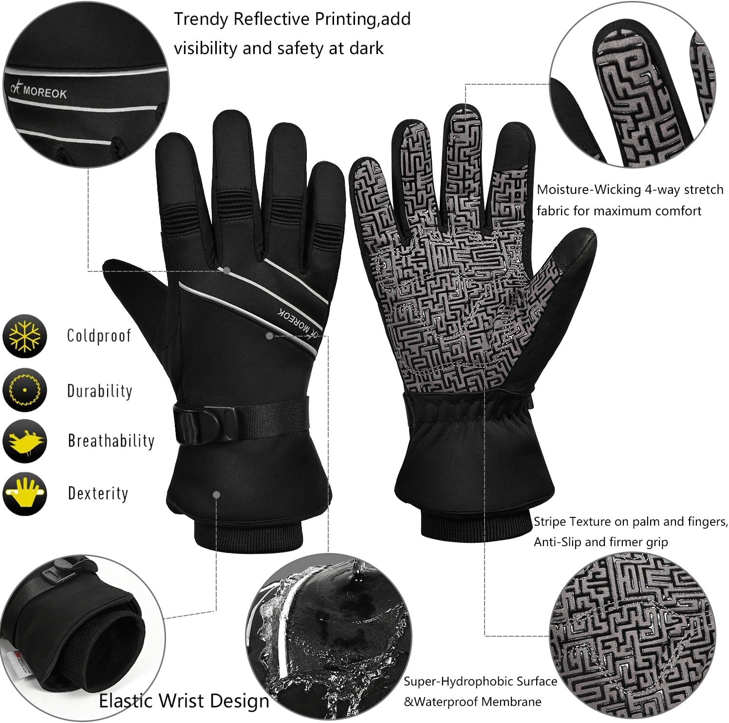 MOREOK Waterproof & Windproof -30°F Winter Gloves for Men/Women, 3M Thinsulate Thermal Gloves Touch Screen Warm Gloves for Skiing,Cycling,Motorcycle,Running