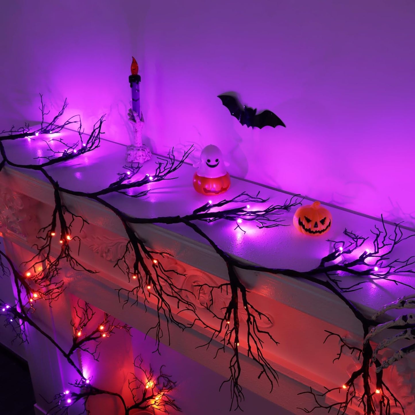 9 FT 66 LED Halloween Black Garland Willow Vine Twig Decor with Orange & Purple Light, 8 Modes & Timer Battery Operated Waterproof Halloween Decorations Indoor for Mantle Fireplace Home Party Decor