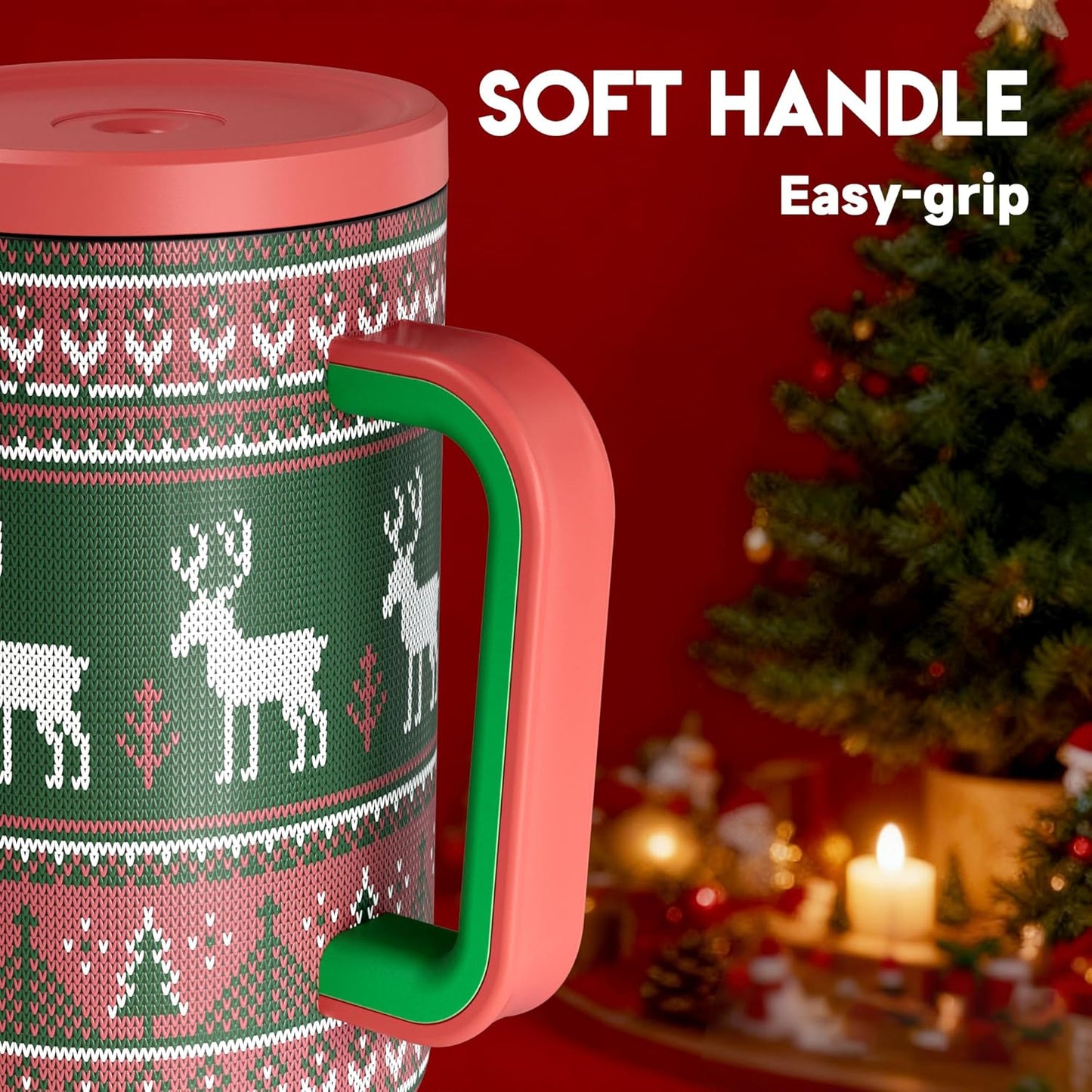 Meoky 40 oz Christmas Tumbler with Handle and Straw, Xmas Tumbler with Lid and Straw, Insulated Stainless Steel Travel Mug, Christmas Gifts for Women Men Adults (Jolly Reindeer)