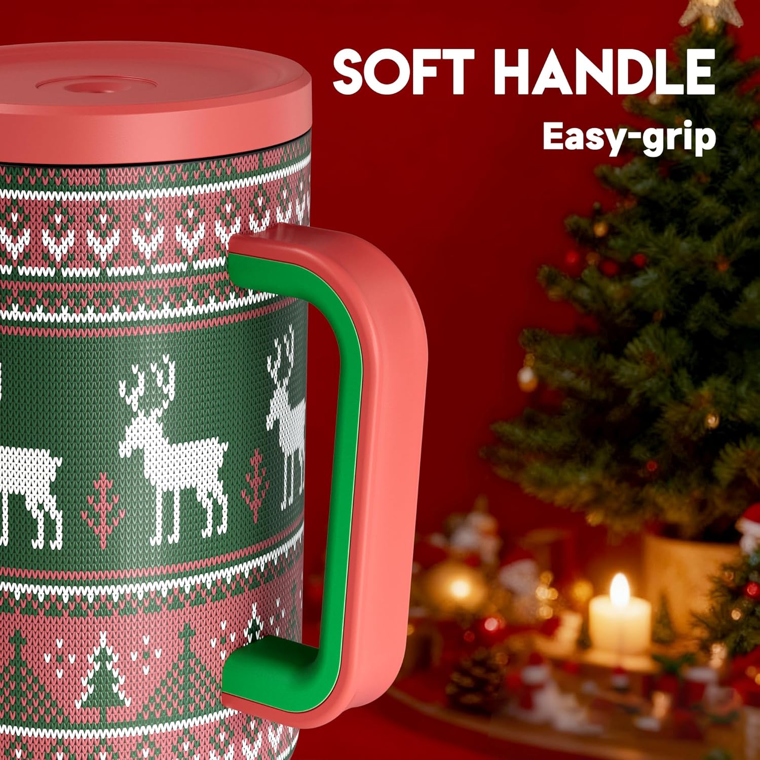 Meoky 40 oz Christmas Tumbler with Handle and Straw, Xmas Tumbler with Lid and Straw, Insulated Stainless Steel Travel Mug, Christmas Gifts for Women Men Adults (Jolly Reindeer)