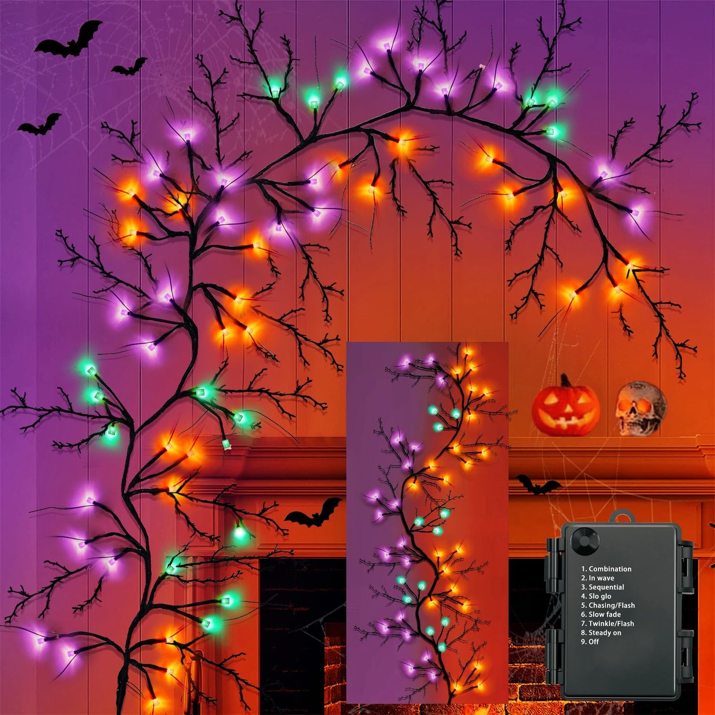 [8 Modes & Timer] 6 Ft 54LED Halloween Garland with Lights, Orange Purple Willow Vine Twig Garland Battery Operated Indoor Outdoor Fireplace Table Wall Home Party Halloween Decor