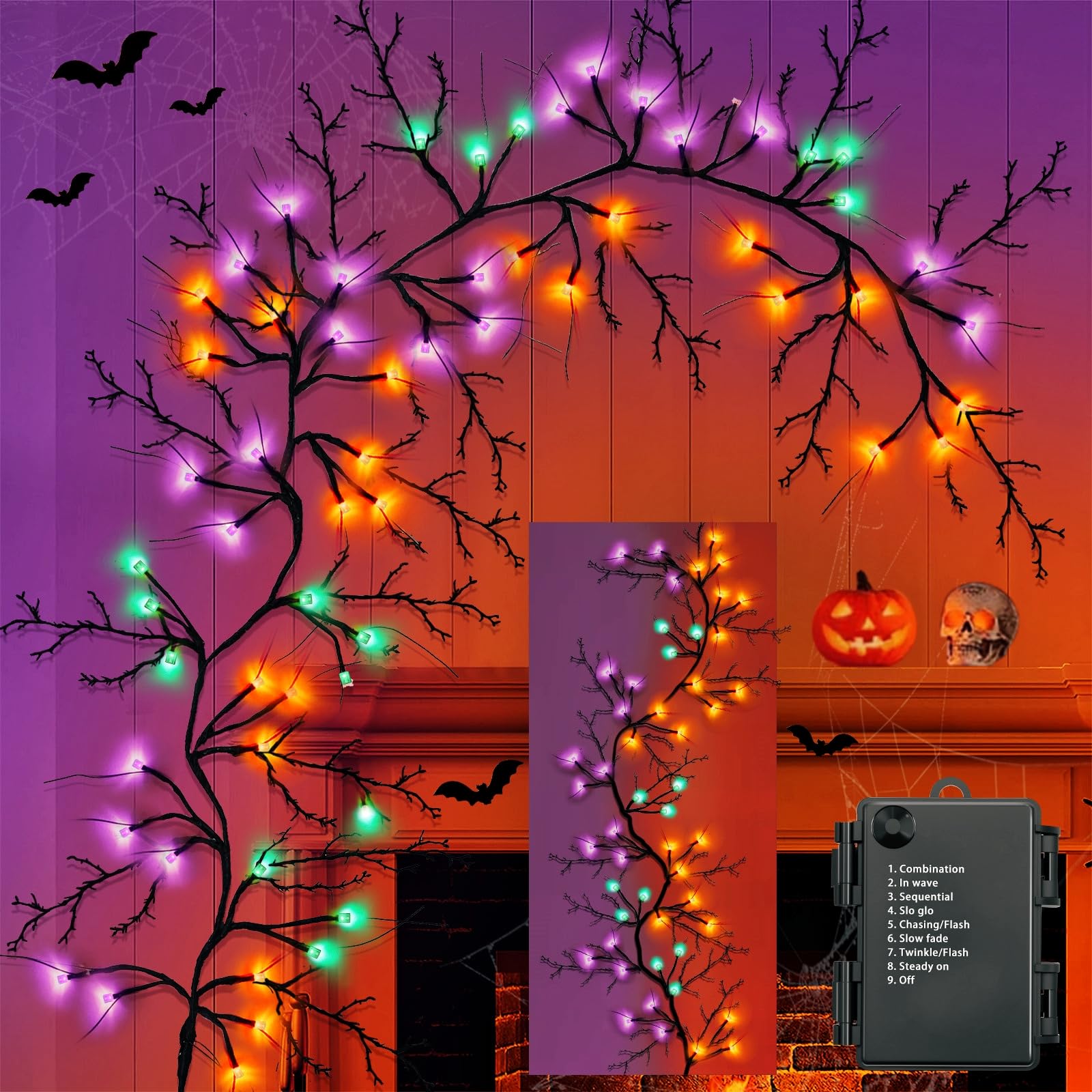 [8 Modes & Timer] 6 Ft 54LED Halloween Garland with Lights, Orange Purple Willow Vine Twig Garland Battery Operated Indoor Outdoor Fireplace Table Wall Home Party Halloween Decor