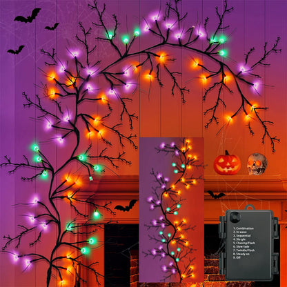 [8 Modes & Timer] 6 Ft 54LED Halloween Garland with Lights, Orange Purple Willow Vine Twig Garland Battery Operated Indoor Outdoor Fireplace Table Wall Home Party Halloween Decor