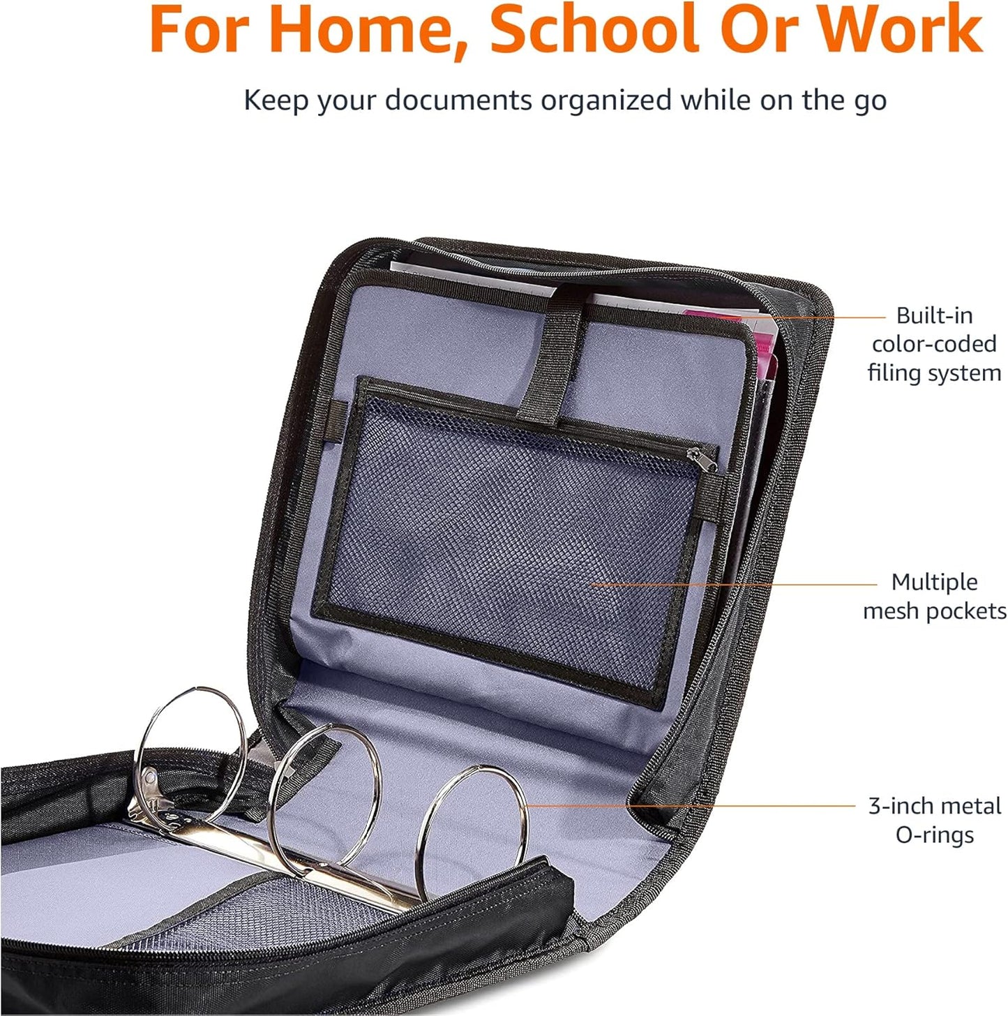 Amazon Basics Durable 3 Ring Binder with Zipper, Sturdy Storage to Keep Documents Organized, 3 inch, Black