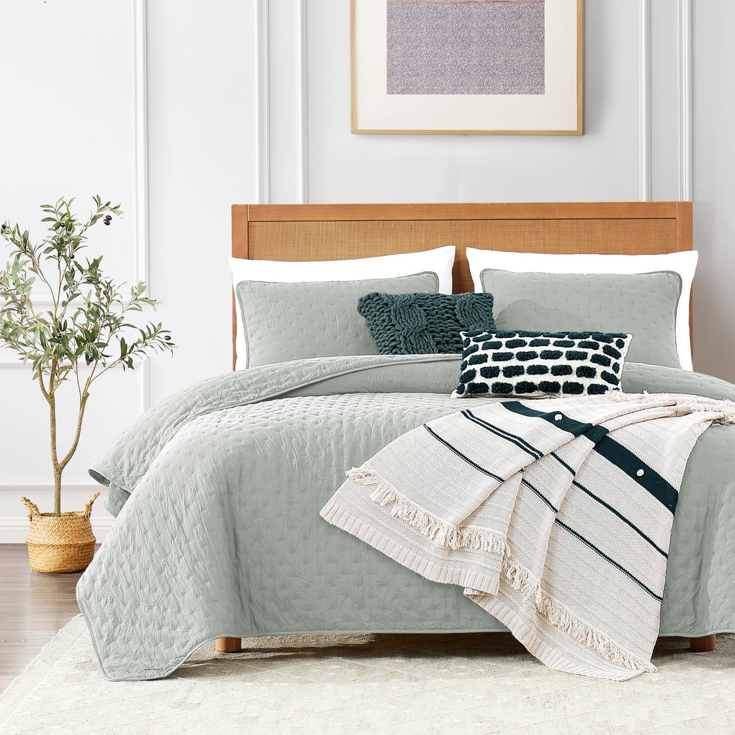 ROARINGWILD Ivory Queen Size Quilt Bedding Sets with 2 Pillow Shams, Full Cream Lightweight Soft Bedspread Coverlet, Thin Comforter Bed Cover for All Season, 3 Pieces, 90x90 inches