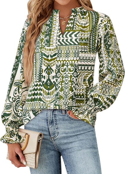 MASCOMODA Womens V Neck Floral Long Sleeve Tops 2025 Summer Casual Loose Puff Sleeve Chiffon Boho Work Blouse Dressy T Shirts