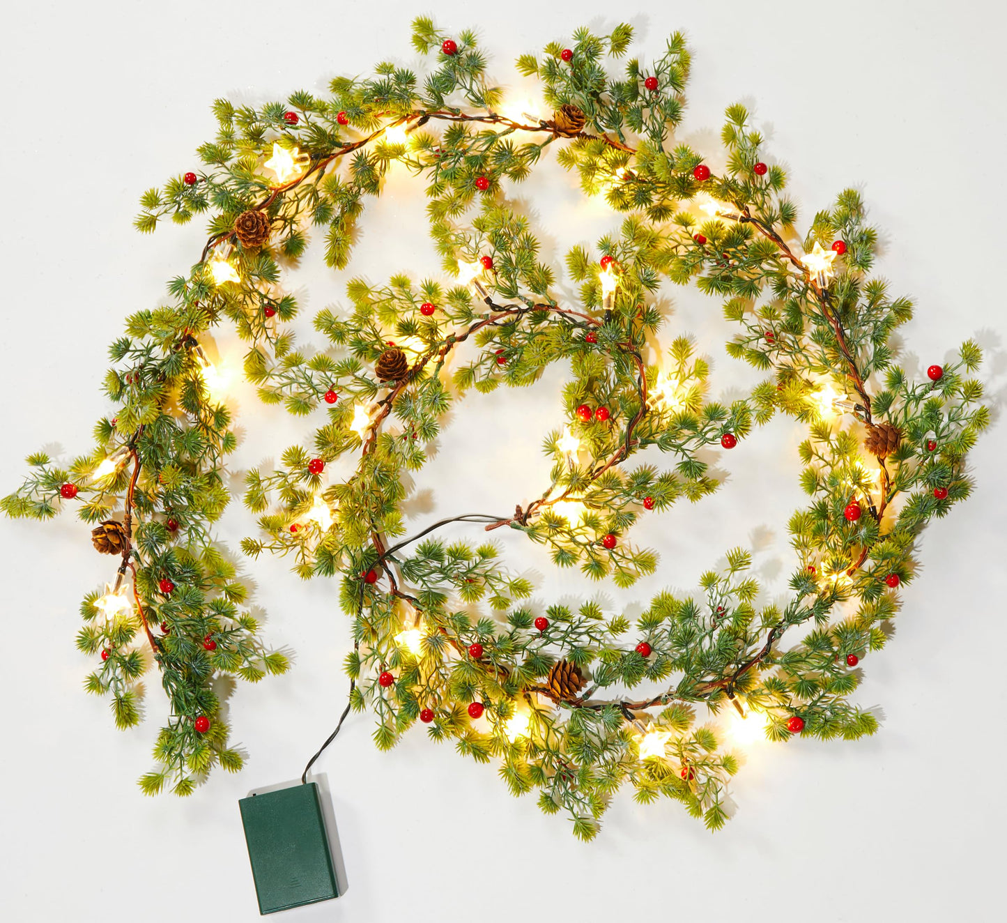 Brightown Pre-lit Christmas Garland with Lights, 6 Feet 20 LED Battery Operated Christmas Lights with Pine Cones, Berry, Eucalyptus Leaves, Indoor Christmas Decorations for Stairs, Fireplace, Door