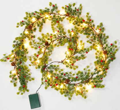 Brightown Pre-lit Christmas Garland with Lights, 6 Feet 20 LED Battery Operated Christmas Lights with Pine Cones, Berry, Eucalyptus Leaves, Indoor Christmas Decorations for Stairs, Fireplace, Door