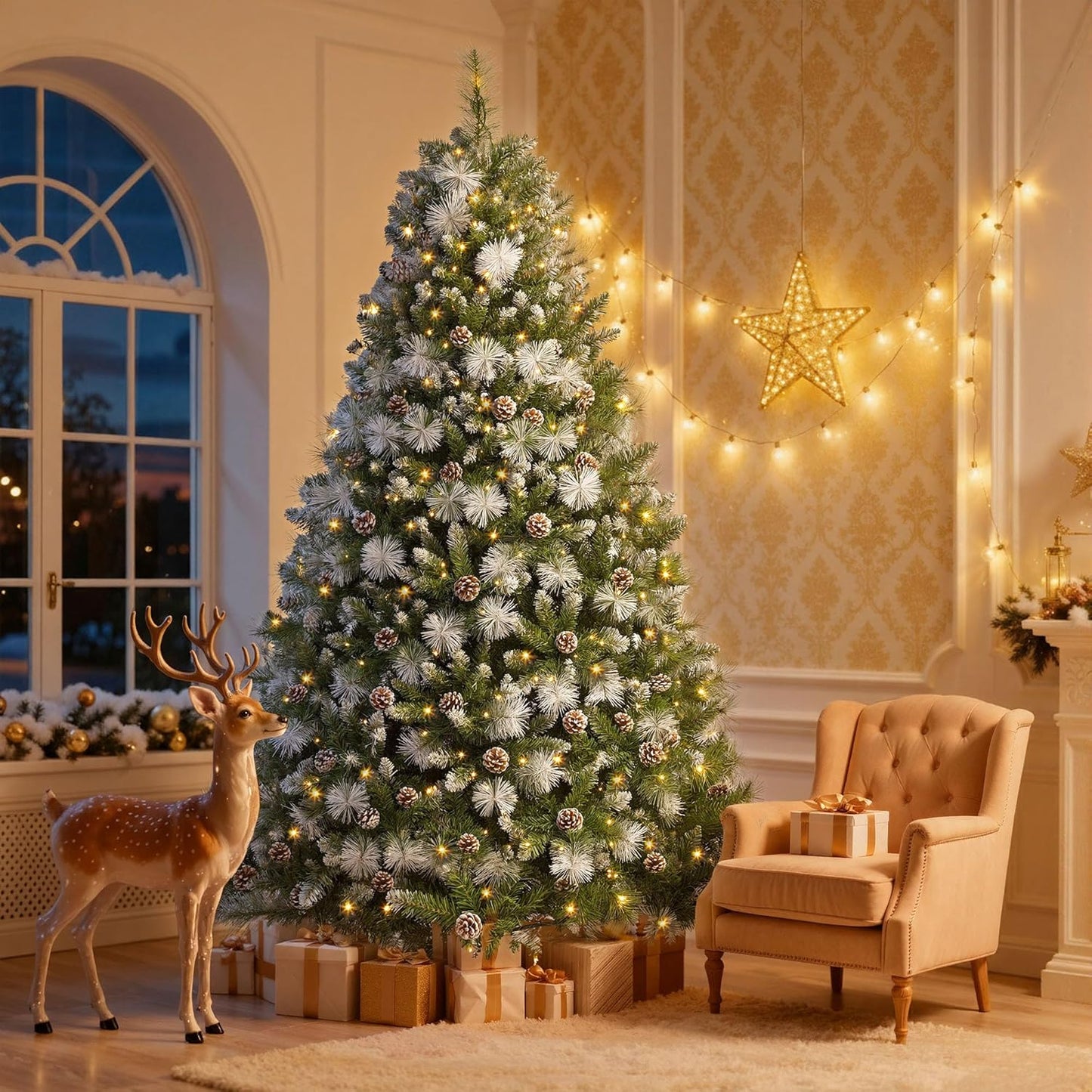 DWVO Prelit Christmas Tree 6ft with 56 Pine Cones & White Pine Needle, Atificial Tree with 250 LED Lights, Full Green Xmaxs Trees with 946 Metal Hinged Branch Tips & Stand Remote Controlled