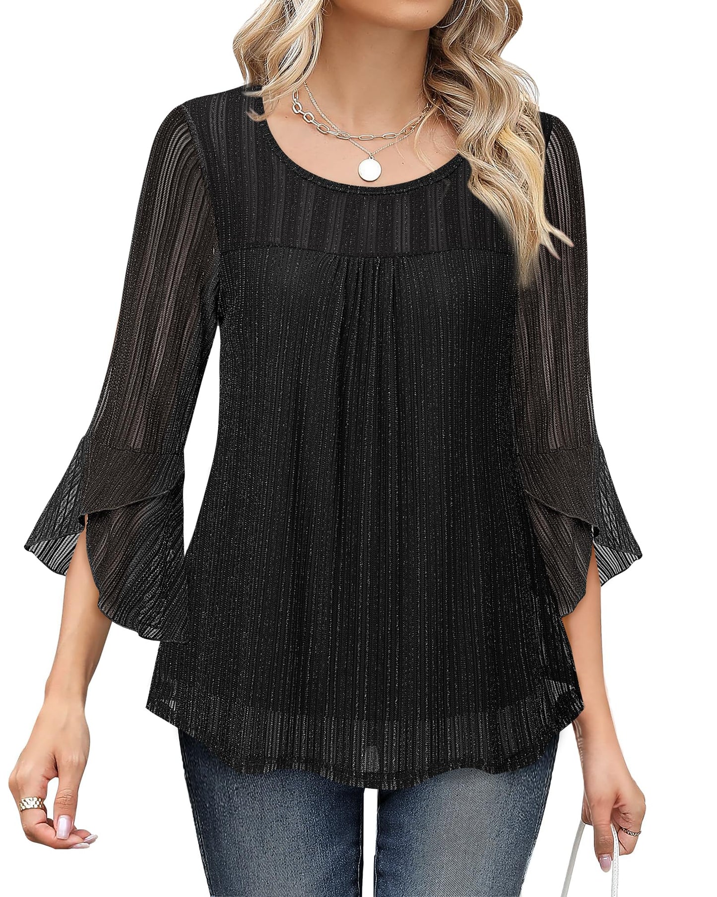 Bebonnie Women's Ruffle 3/4 Sleeve Elegant Dressy Blouses Crew Neck Double Layers Mesh Tunic Tops