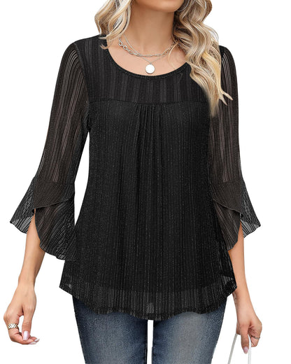 Bebonnie Women's Ruffle 3/4 Sleeve Elegant Dressy Blouses Crew Neck Double Layers Mesh Tunic Tops