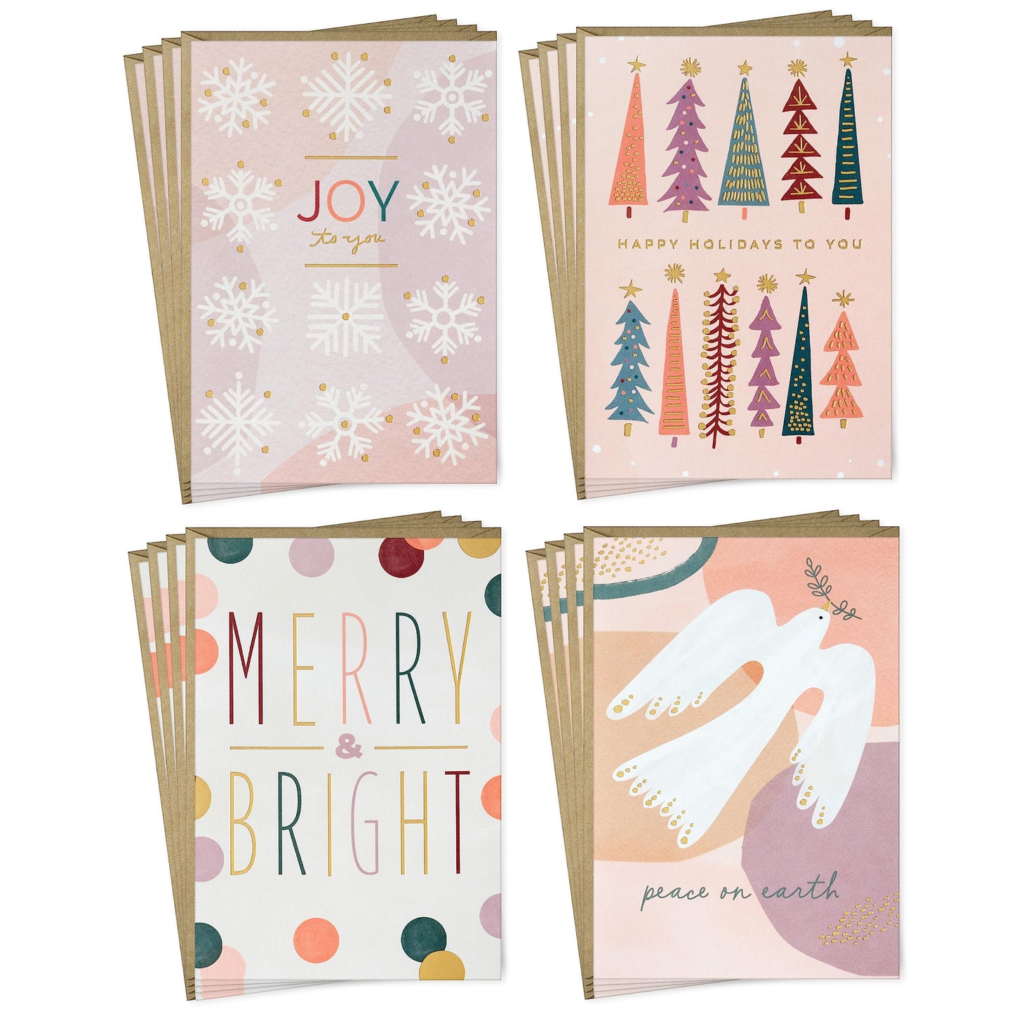 Hallmark Blush Pink Holiday Boxed Cards (16 Cards and 16 Envelopes) Gold and Pink Artistic Tree, Merry Christmas