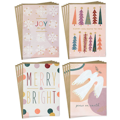 Hallmark Blush Pink Holiday Boxed Cards (16 Cards and 16 Envelopes) Gold and Pink Artistic Tree, Merry Christmas