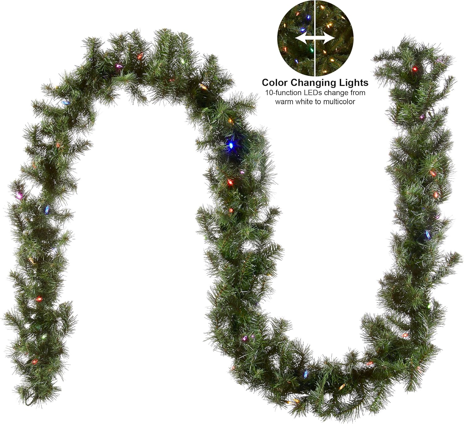 National Tree Company 9 ft Pre-Lit North Valley Spruce Artificial Christmas Garland, Christmas Decoration with 50 LED Lights, 200 Tips, 10 Light Functions, Timer, Green