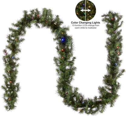 National Tree Company 9 ft Pre-Lit North Valley Spruce Artificial Christmas Garland, Christmas Decoration with 50 LED Lights, 200 Tips, 10 Light Functions, Timer, Green