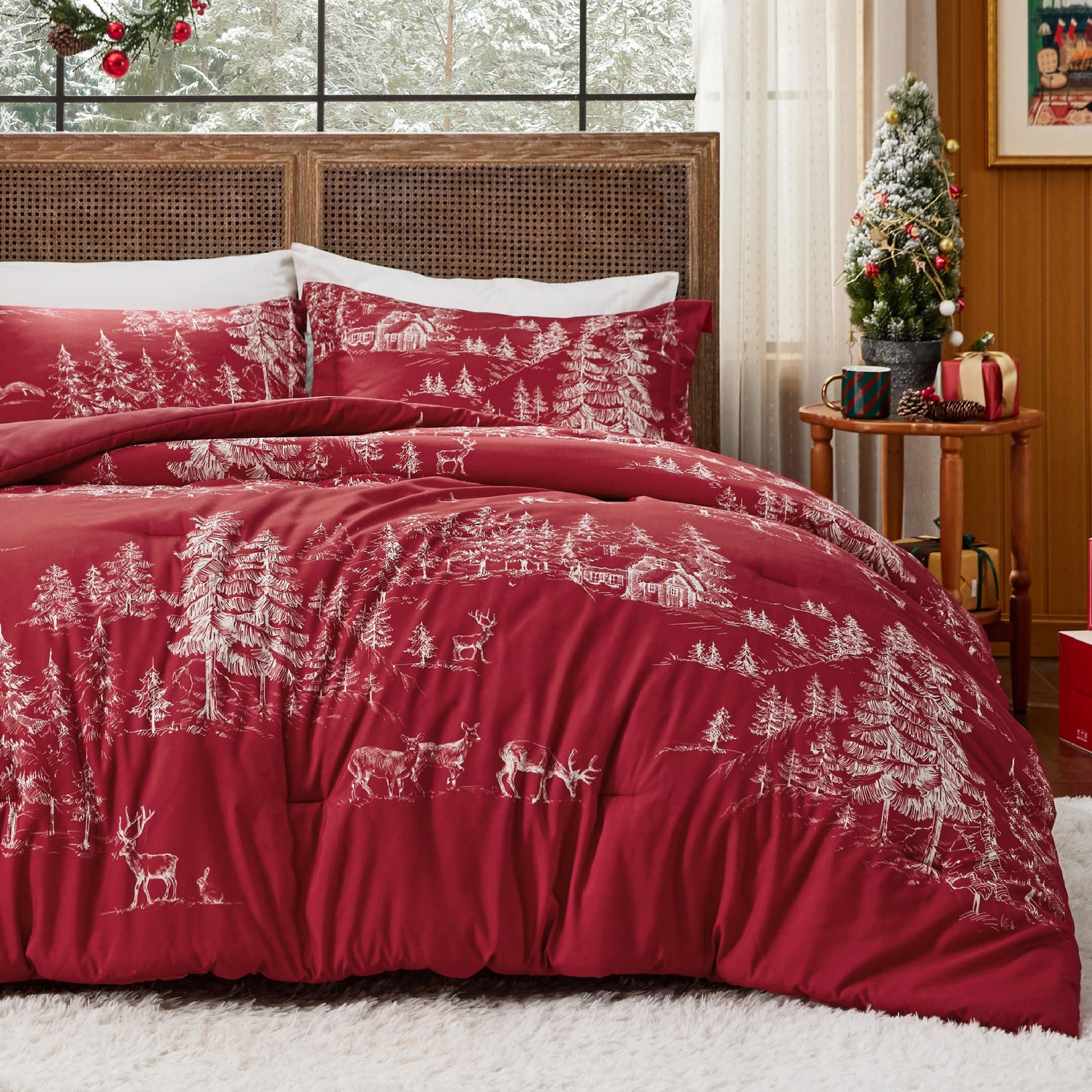 Bedsure Christmas Comforter Set Twin - Christmas Bed Set with Reindeer, Soft Bedding for Holiday, 2 Pieces, 1 Reversible Buffalo Check Printed Comforter and 1 Pillow Sham